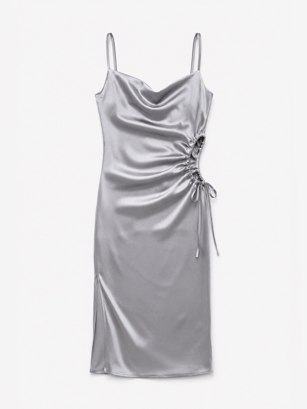 Silver Satin Cowl Neck Ruched Cutout Midi Dress West of Melrose S